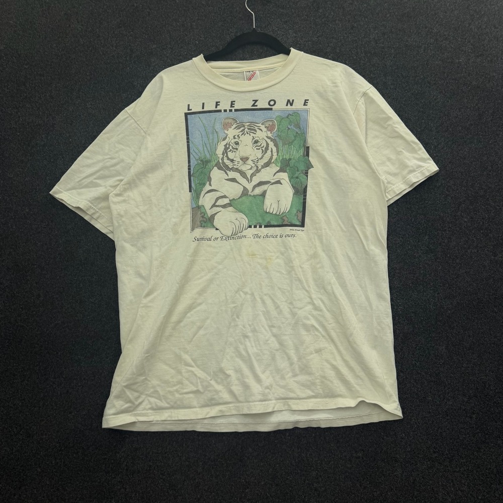 Vintage 90s Jerzees Life Zone White Bengal Tiger T-Shirt XL Cream Made in USA